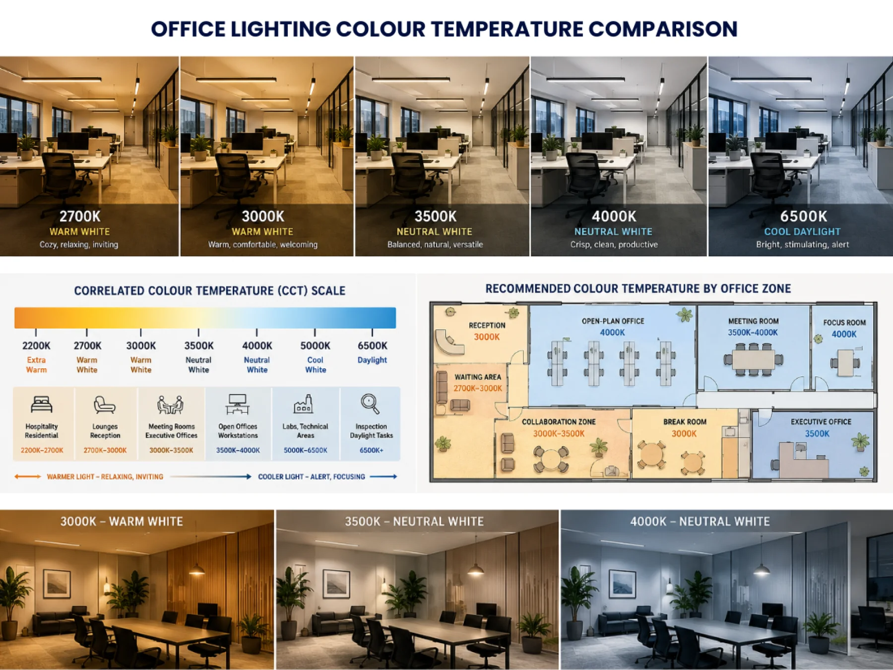 Office lighting colour temperature: 3000K, 3500K or 4000K?